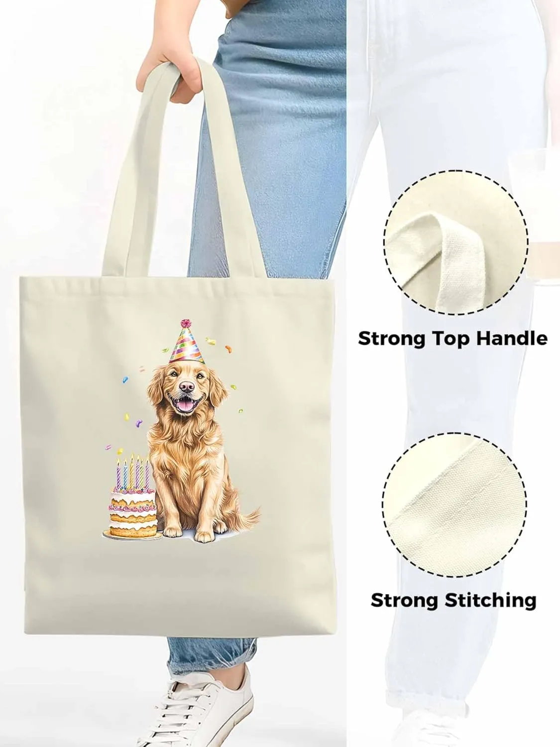 Canvas Tote Bag Dog Birthday Reusable Grocery Shopping Bags with Handle, Cute Animal Large Canvas