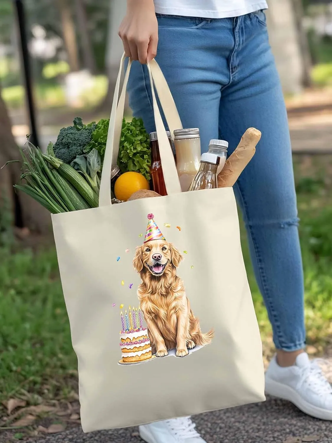 Canvas Tote Bag Dog Birthday Reusable Grocery Shopping Bags with Handle, Cute Animal Large Canvas