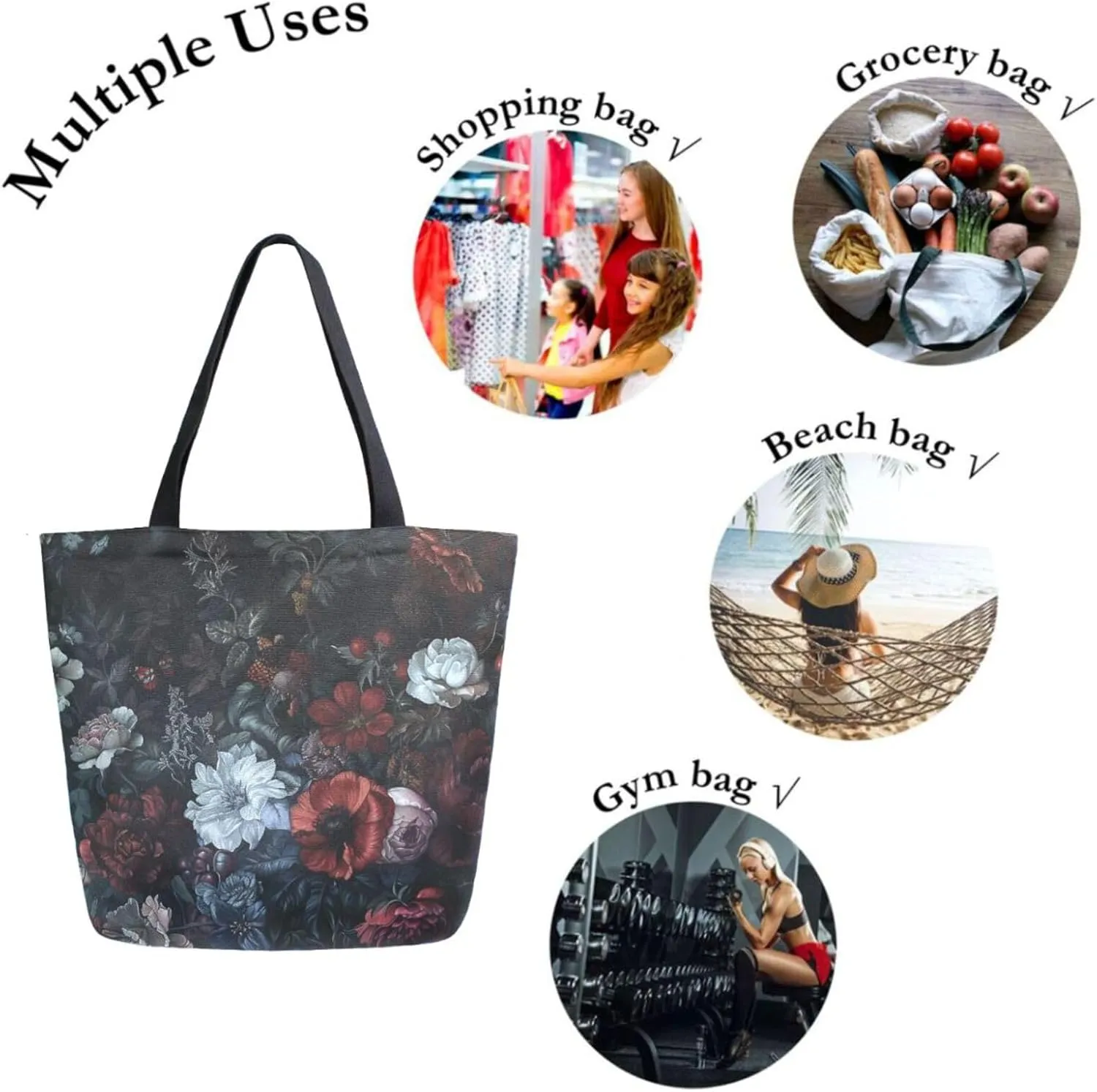 Canvas Tote Bag for Women with Zipper Pocket Reusable Grocery Shopping Bags Large Travel Shoulder Bag Handbag Bags