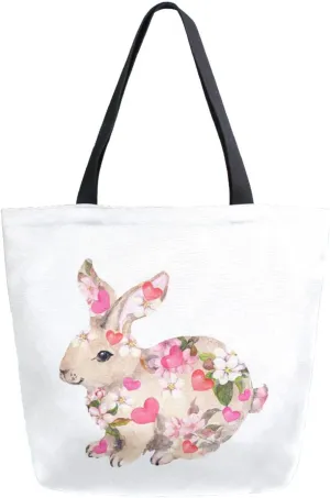 Canvas Tote Bag Hare Rabbit Spring Woman Beach Bag Flowers Pink Hearts Shoulder Bag School Had Bag Large Reusable Handbag Lightweight for Shopping Grocery Travel Holiday Gift