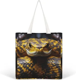 Canvas Tote Bag Lightweight Reusable Tote Handbag Yellow Snake Shoulder Bag Grocery Shopping Bag