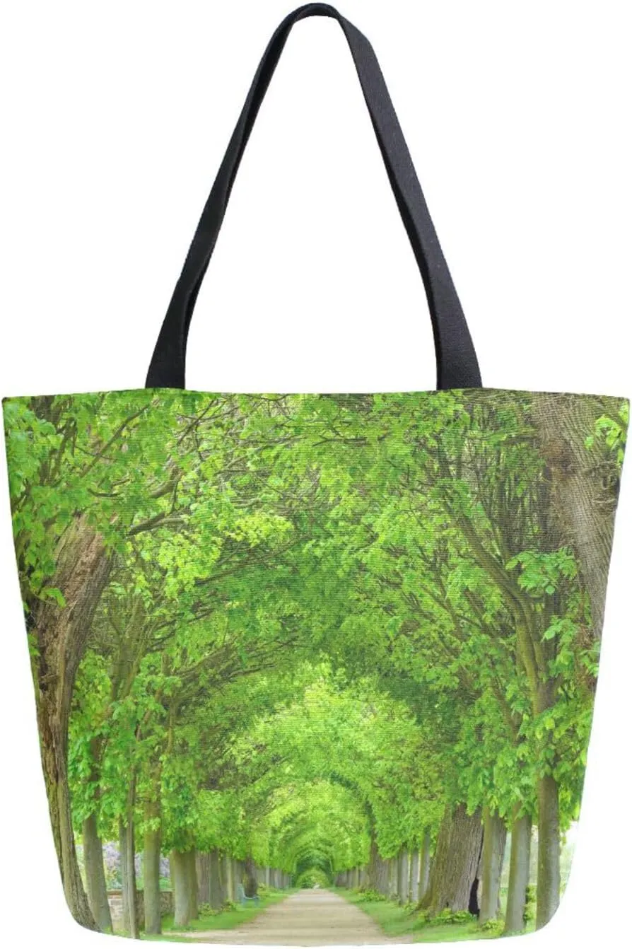 Canvas Tote Bag Lined Footpath Spring Woman Beach Bag Tunnel-like Avenue Trees Shoulder Bag School Had Bag Handbag Holiday Gift