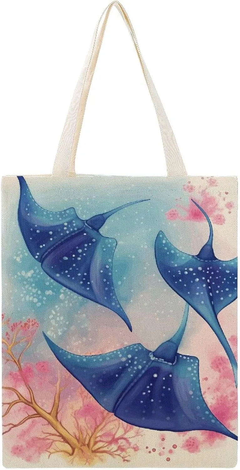 Canvas Tote Bag, Sea Animals Stingrays Print Canvas Shoulder Bag Trendy Tote Bag All-purpose Tote Bag Reusable Market Bag, 38x46cm