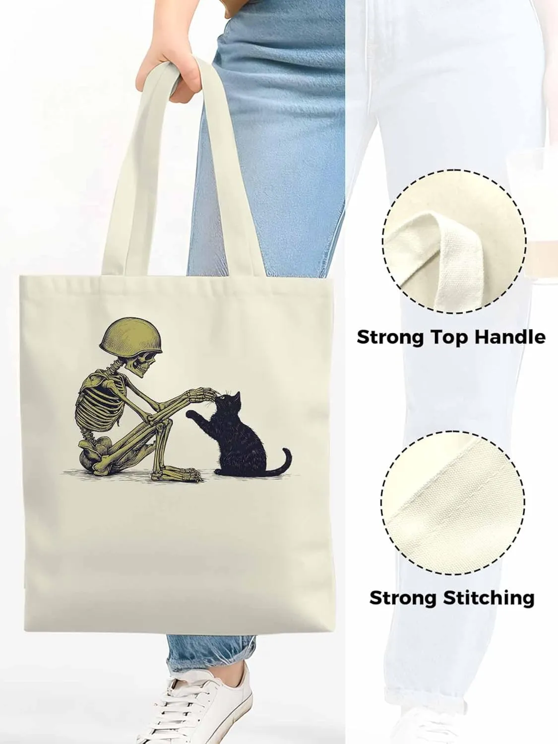 Canvas Tote Bag Skeleton Black Cat Reusable Grocery Shopping Bags with Handle, Soldier Large Canvas