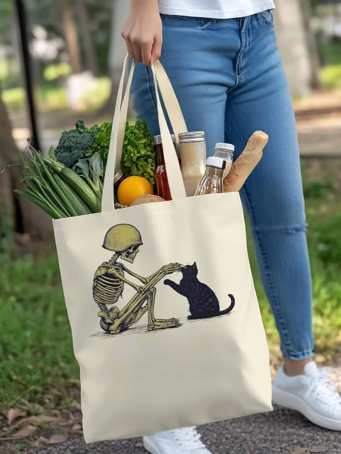 Canvas Tote Bag Skeleton Black Cat Reusable Grocery Shopping Bags with Handle, Soldier Large Canvas