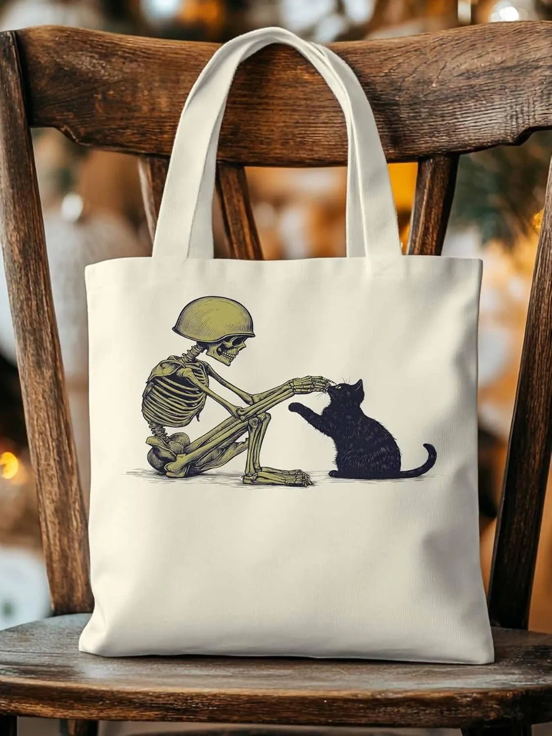 Canvas Tote Bag Skeleton Black Cat Reusable Grocery Shopping Bags with Handle, Soldier Large Canvas