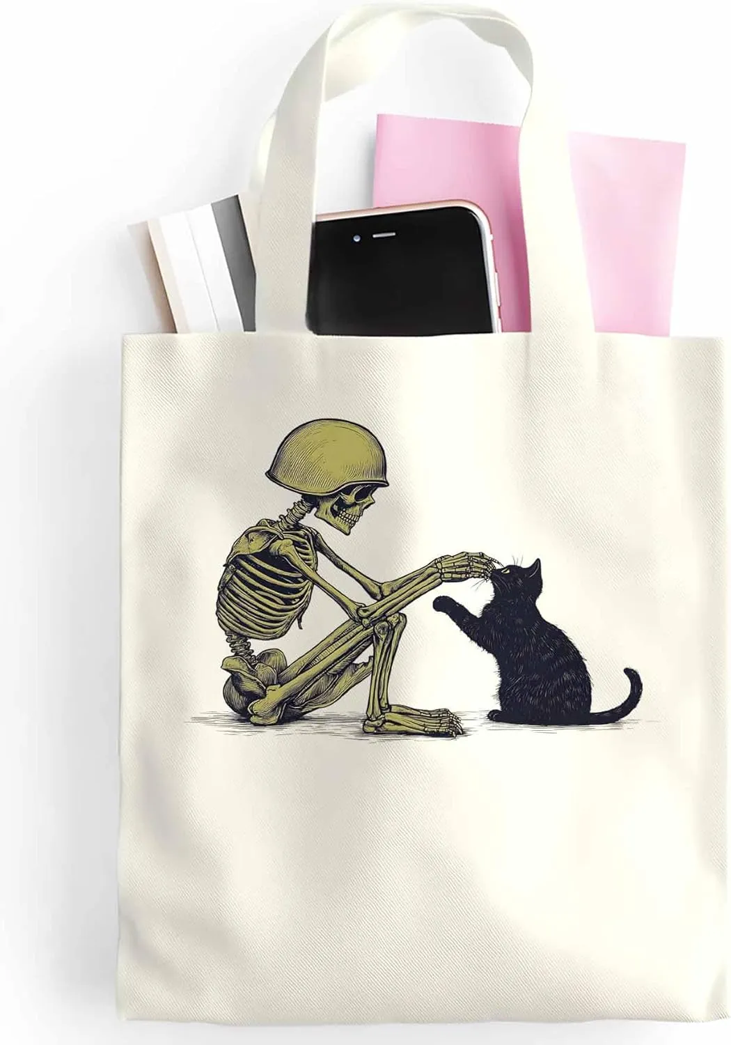 Canvas Tote Bag Skeleton Black Cat Reusable Grocery Shopping Bags with Handle, Soldier Large Canvas