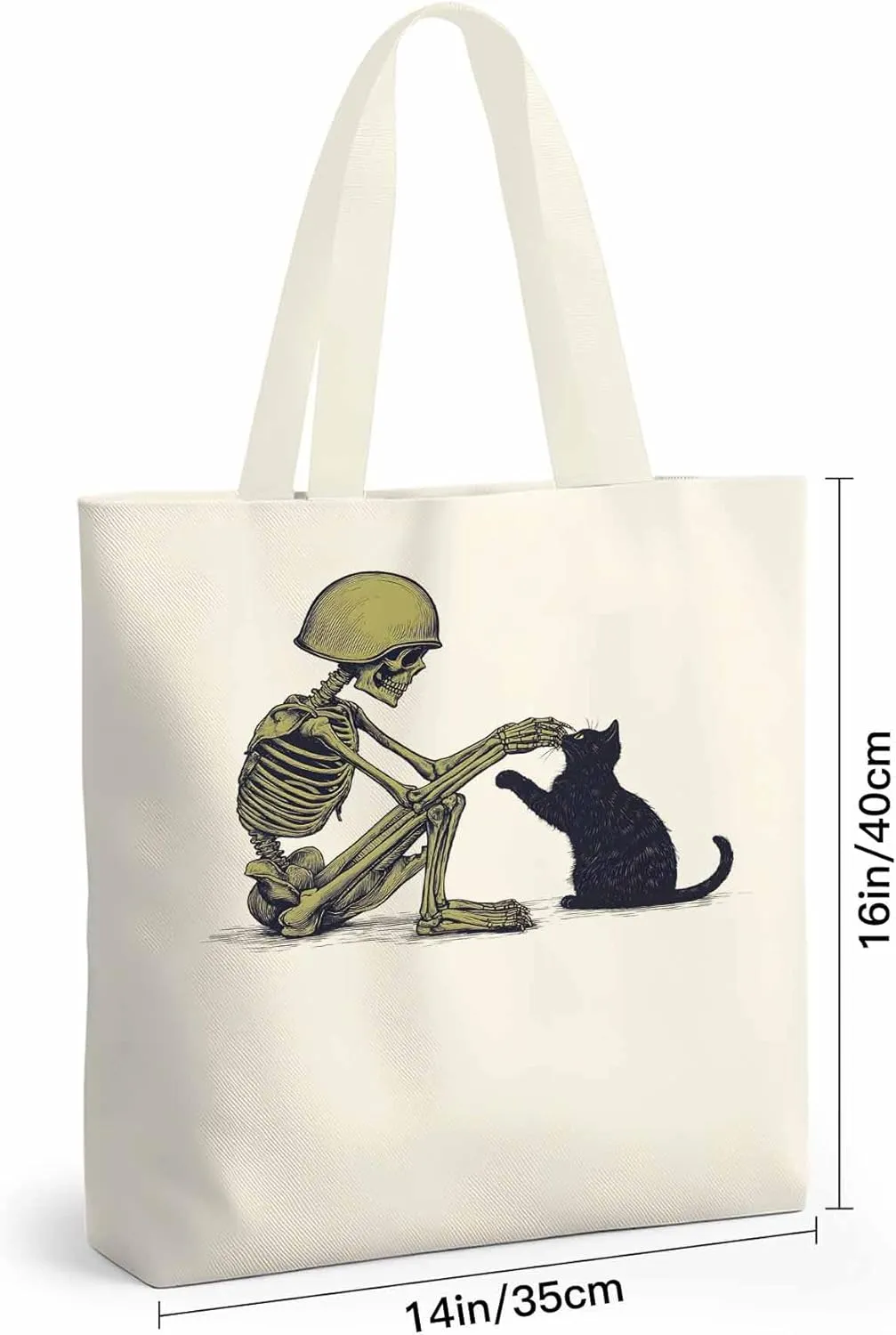 Canvas Tote Bag Skeleton Black Cat Reusable Grocery Shopping Bags with Handle, Soldier Large Canvas