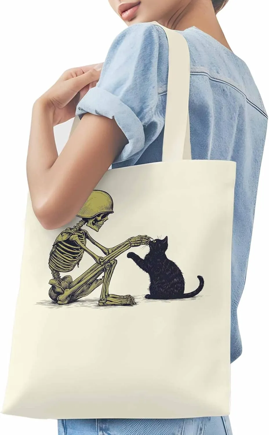 Canvas Tote Bag Skeleton Black Cat Reusable Grocery Shopping Bags with Handle, Soldier Large Canvas