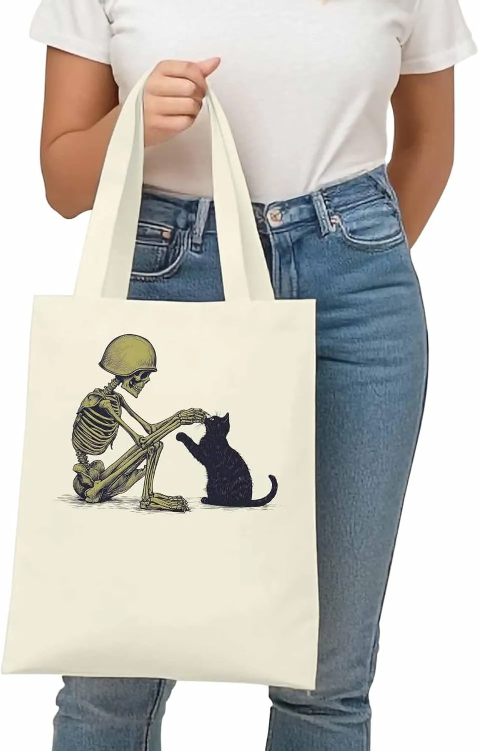 Canvas Tote Bag Skeleton Black Cat Reusable Grocery Shopping Bags with Handle, Soldier Large Canvas