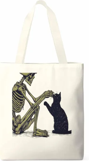 Canvas Tote Bag Skeleton Black Cat Reusable Grocery Shopping Bags with Handle, Soldier Large Canvas