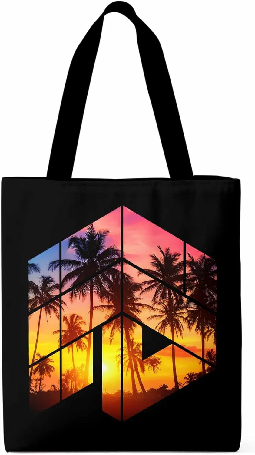 Canvas Tote Bag Tropical Coconut Trees Reusable Grocery Shopping Bags with Handle, Sunset Sun Large Canvas
