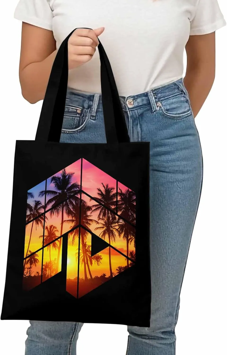 Canvas Tote Bag Tropical Coconut Trees Reusable Grocery Shopping Bags with Handle, Sunset Sun Large Canvas