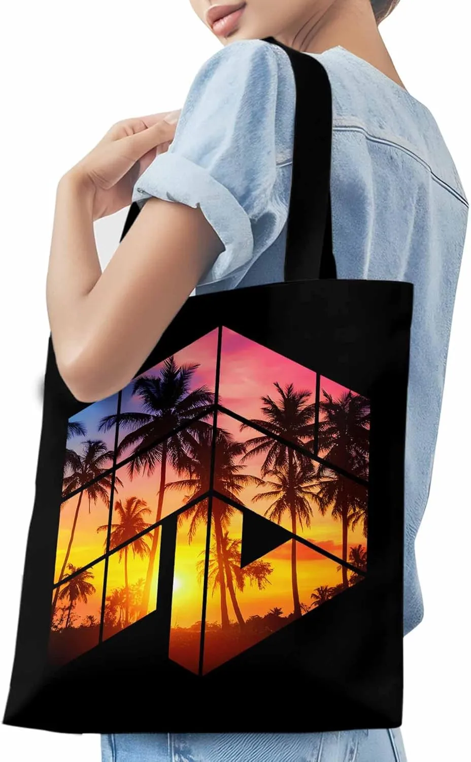 Canvas Tote Bag Tropical Coconut Trees Reusable Grocery Shopping Bags with Handle, Sunset Sun Large Canvas