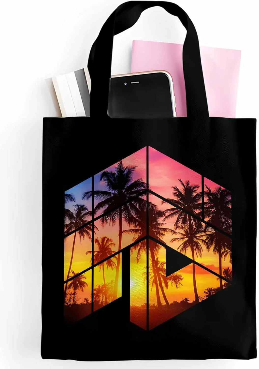 Canvas Tote Bag Tropical Coconut Trees Reusable Grocery Shopping Bags with Handle, Sunset Sun Large Canvas