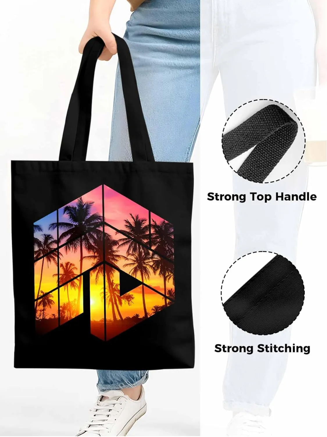 Canvas Tote Bag Tropical Coconut Trees Reusable Grocery Shopping Bags with Handle, Sunset Sun Large Canvas