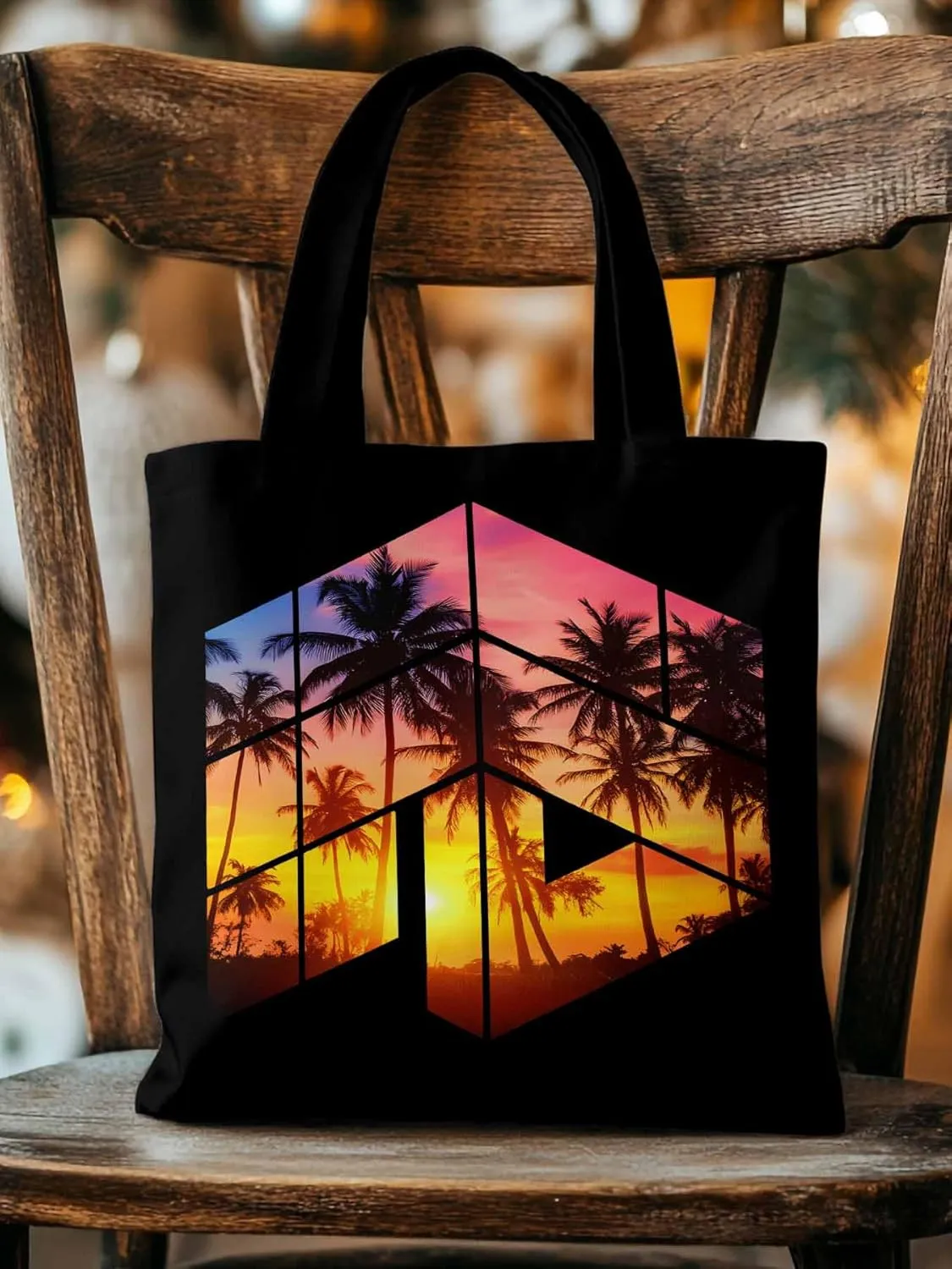Canvas Tote Bag Tropical Coconut Trees Reusable Grocery Shopping Bags with Handle, Sunset Sun Large Canvas