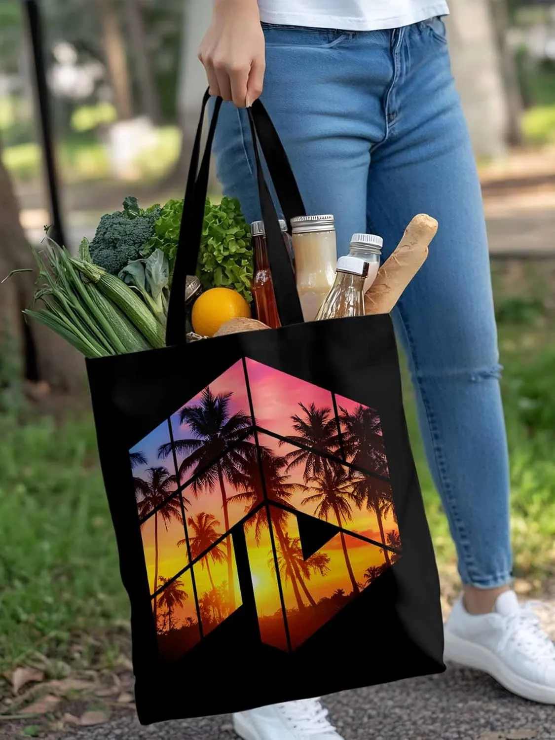 Canvas Tote Bag Tropical Coconut Trees Reusable Grocery Shopping Bags with Handle, Sunset Sun Large Canvas