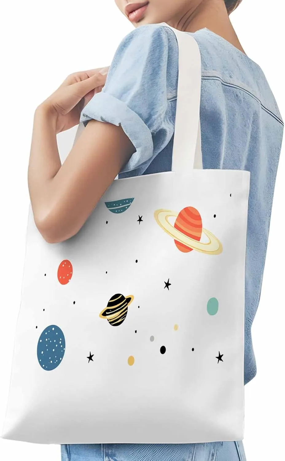 Canvas Tote Bag Universe Planet Reusable Grocery Shopping Bags with Handle, Stars Space Large Canvas