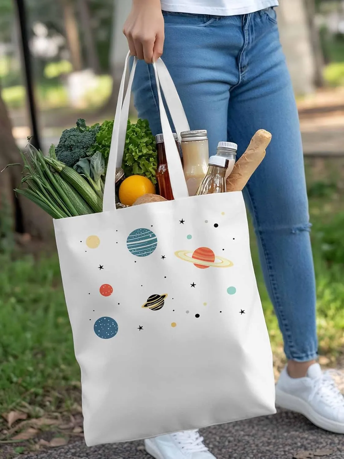 Canvas Tote Bag Universe Planet Reusable Grocery Shopping Bags with Handle, Stars Space Large Canvas