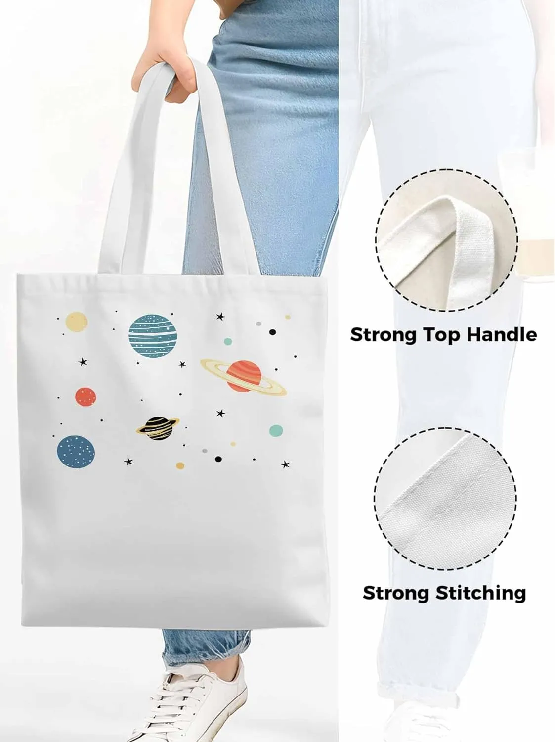Canvas Tote Bag Universe Planet Reusable Grocery Shopping Bags with Handle, Stars Space Large Canvas