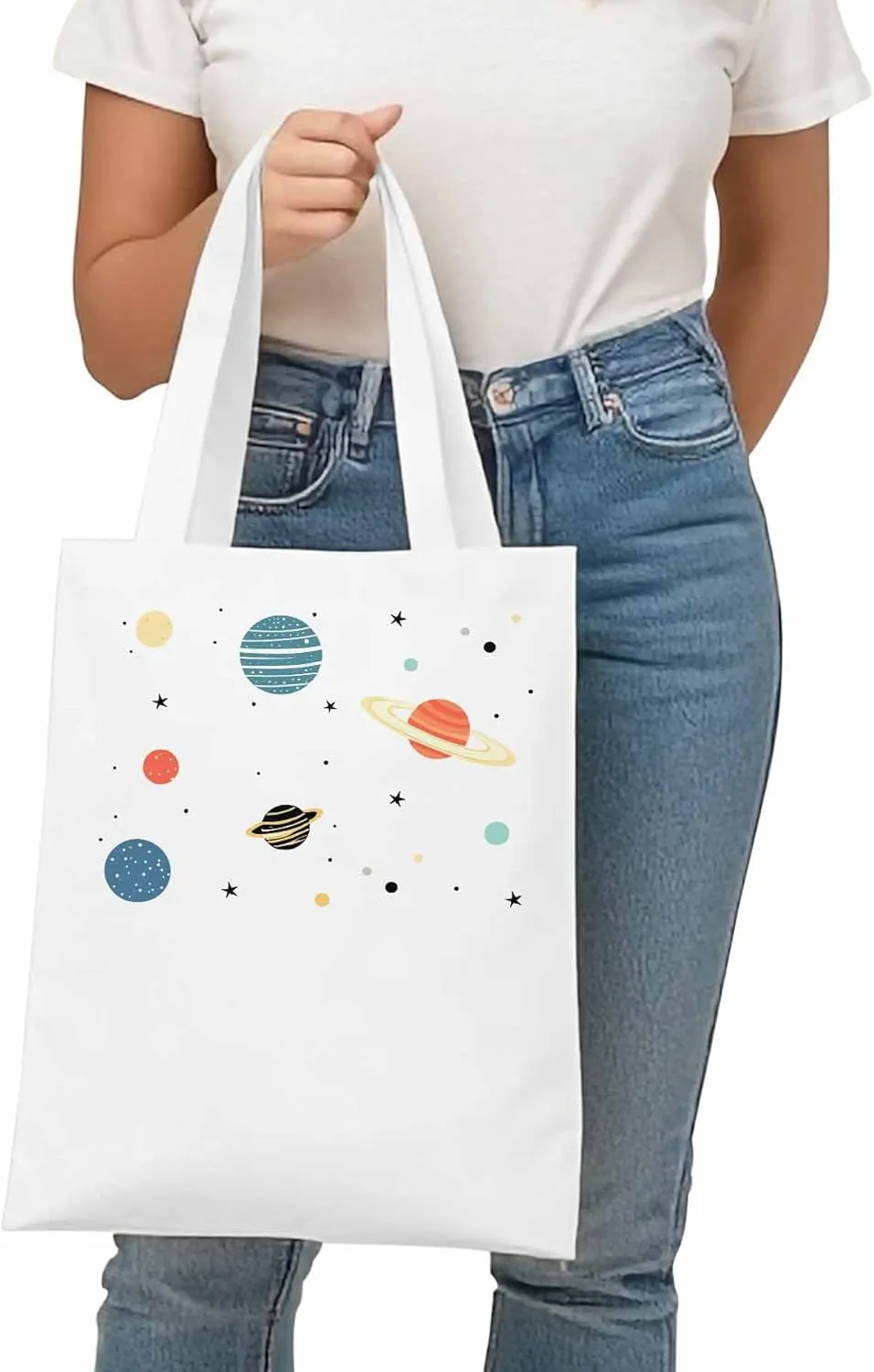 Canvas Tote Bag Universe Planet Reusable Grocery Shopping Bags with Handle, Stars Space Large Canvas