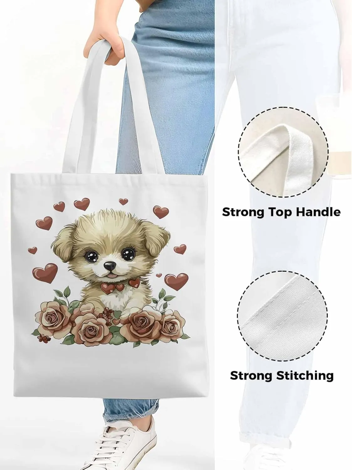 Canvas Tote Bag, Valentine's Day Aesthetic Canvas Tote Handbags for Women Shoulder Bag Cute Dog Cartoon