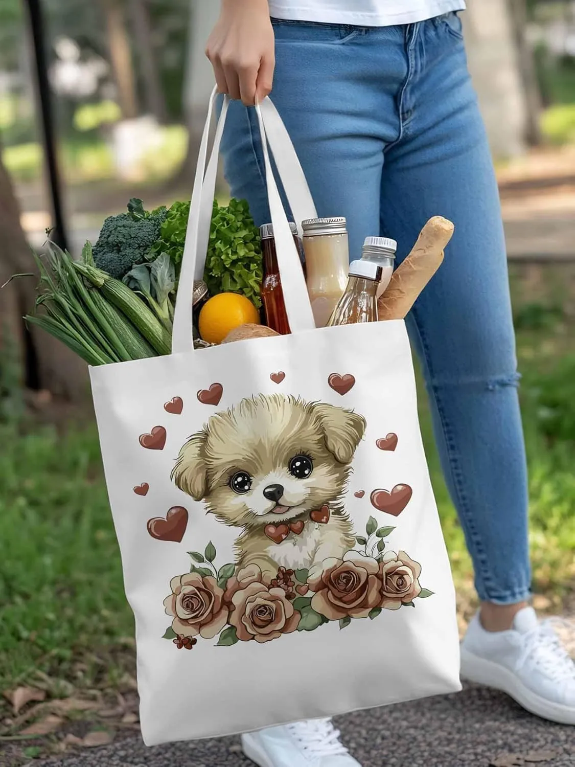 Canvas Tote Bag, Valentine's Day Aesthetic Canvas Tote Handbags for Women Shoulder Bag Cute Dog Cartoon