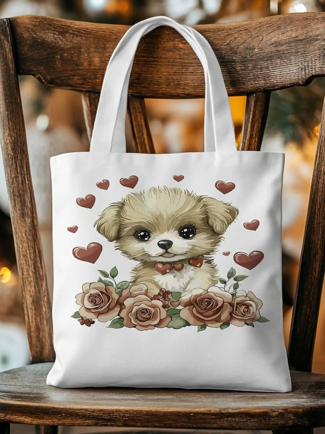 Canvas Tote Bag, Valentine's Day Aesthetic Canvas Tote Handbags for Women Shoulder Bag Cute Dog Cartoon