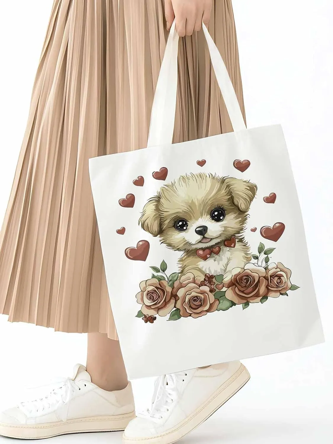 Canvas Tote Bag, Valentine's Day Aesthetic Canvas Tote Handbags for Women Shoulder Bag Cute Dog Cartoon
