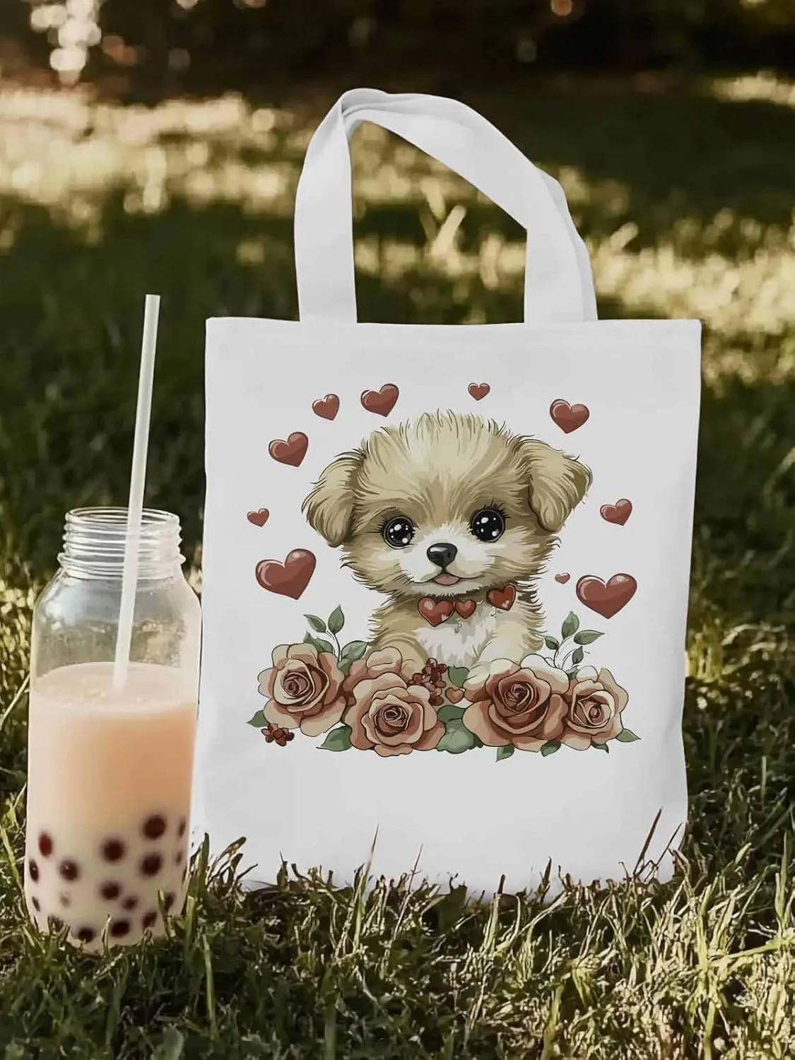 Canvas Tote Bag, Valentine's Day Aesthetic Canvas Tote Handbags for Women Shoulder Bag Cute Dog Cartoon
