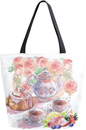 Canvas Tote Bag Vintage Porcelain Teapot Women Shoulder Bag Summer Coffee Strawberry Reusable Grocery Bags Large Handbag Travel Shopping Bag for School Nursing Gift Outdoors
