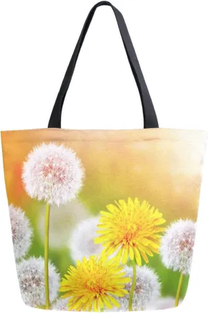Canvas Tote Bag Wildflowers Dandelions Woman Beach Bag Spring Summer Floral Shoulder Bag School Had Bag Handbag Holiday Gift