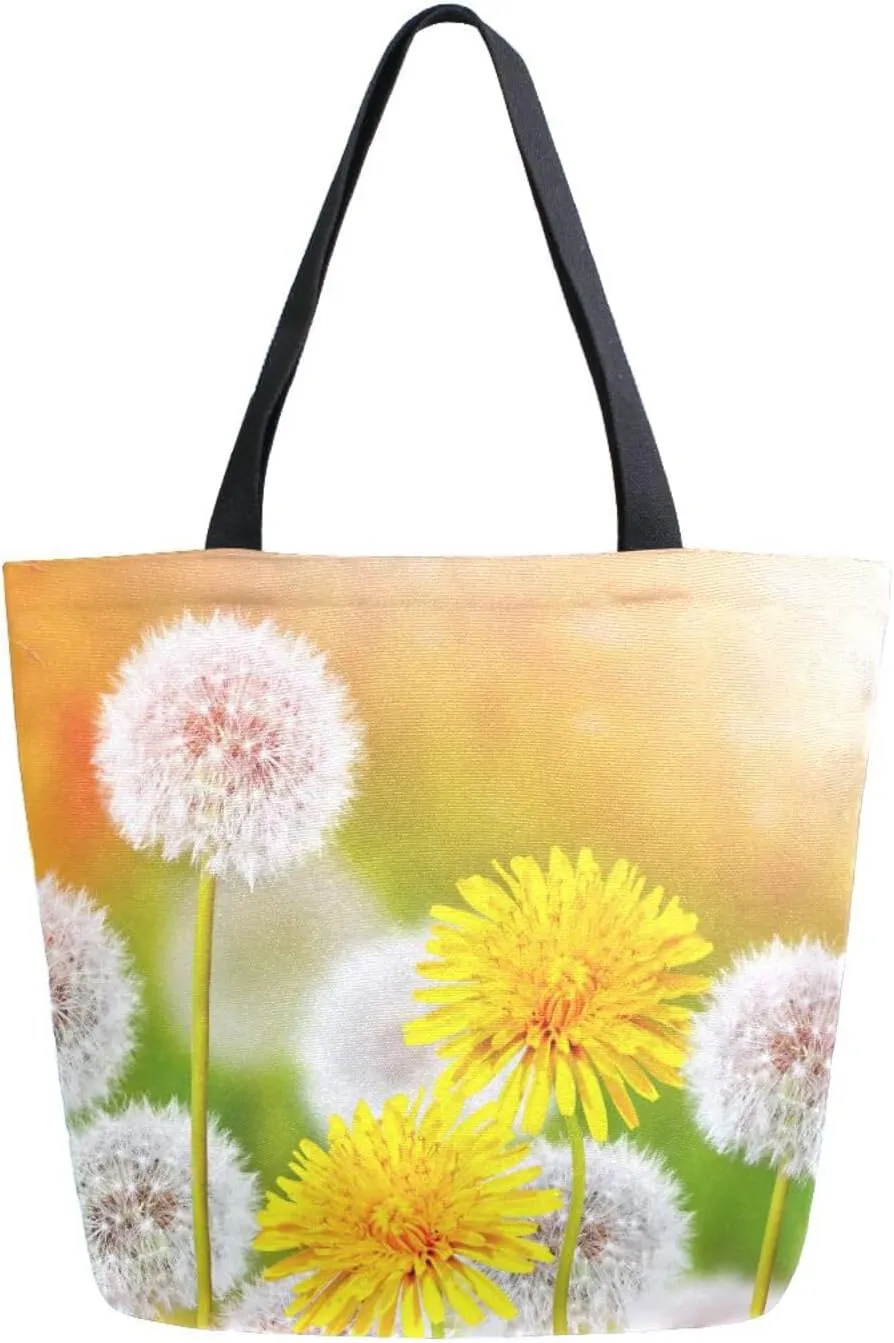 Canvas Tote Bag Wildflowers Dandelions Woman Beach Bag Spring Summer Floral Shoulder Bag School Had Bag Handbag Holiday Gift