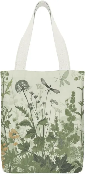 Canvas Tote Bags Herbs with Dragonflies Print Reusable Grocery Bag Lightweight Shopping Handbag with Internal Pocket Double-sided Pattern
