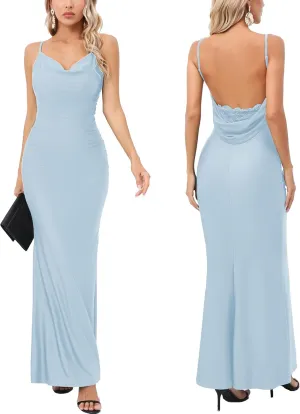 Capuffy Women Drape Neck Formal Maxi Dresses Lace Backless Cocktail Party Dress Spaghetti Straps Mermaid Evening Gown 221