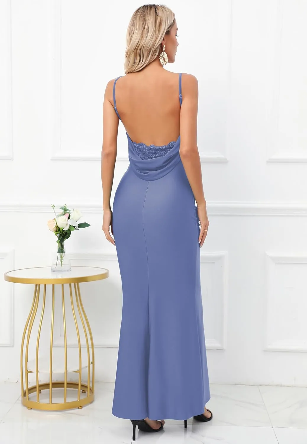 Capuffy Women Drape Neck Formal Maxi Dresses Lace Backless Cocktail Party Dress Spaghetti Straps Mermaid Evening Gown 221