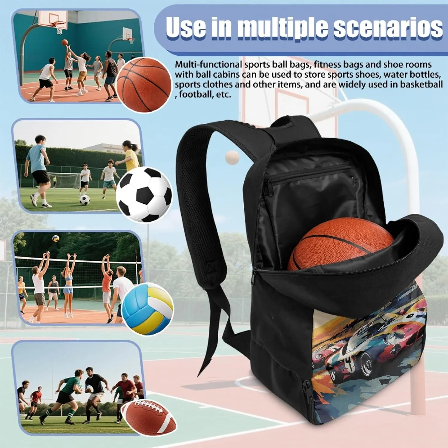 Car Boys Sports Backpack with Ball Compartment,Cool Duffle Bags for 6-14 Years Kids Multifunctional Bookbag for Elementary Children Equipment Bag for Football Soccer