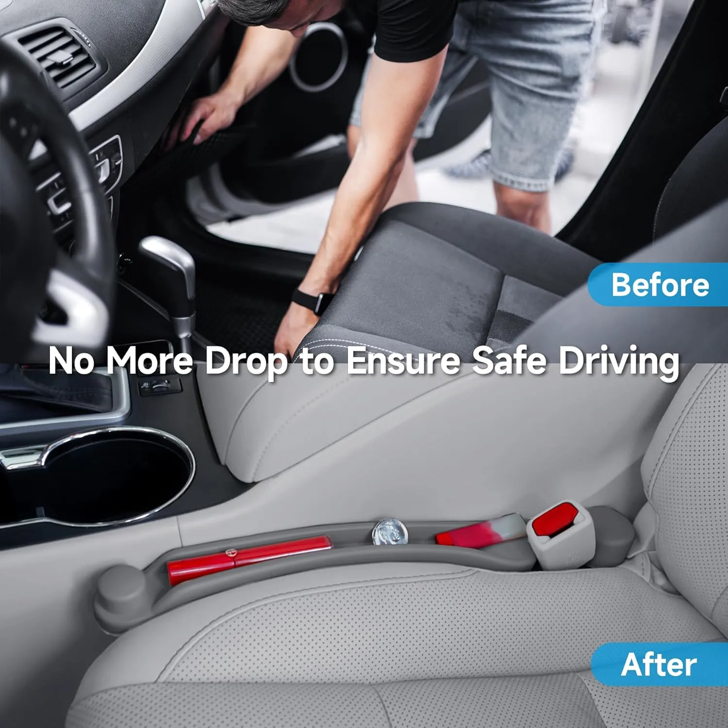 Car Seat Gap Filler Set of 2, Soft Foam Multifunctional Seat Side Gap Filler with Organizer & Hook Function, 3in1 Gap Stopper Universal Fit Car SUV Truck Fill The Gap Between Seat & Console
