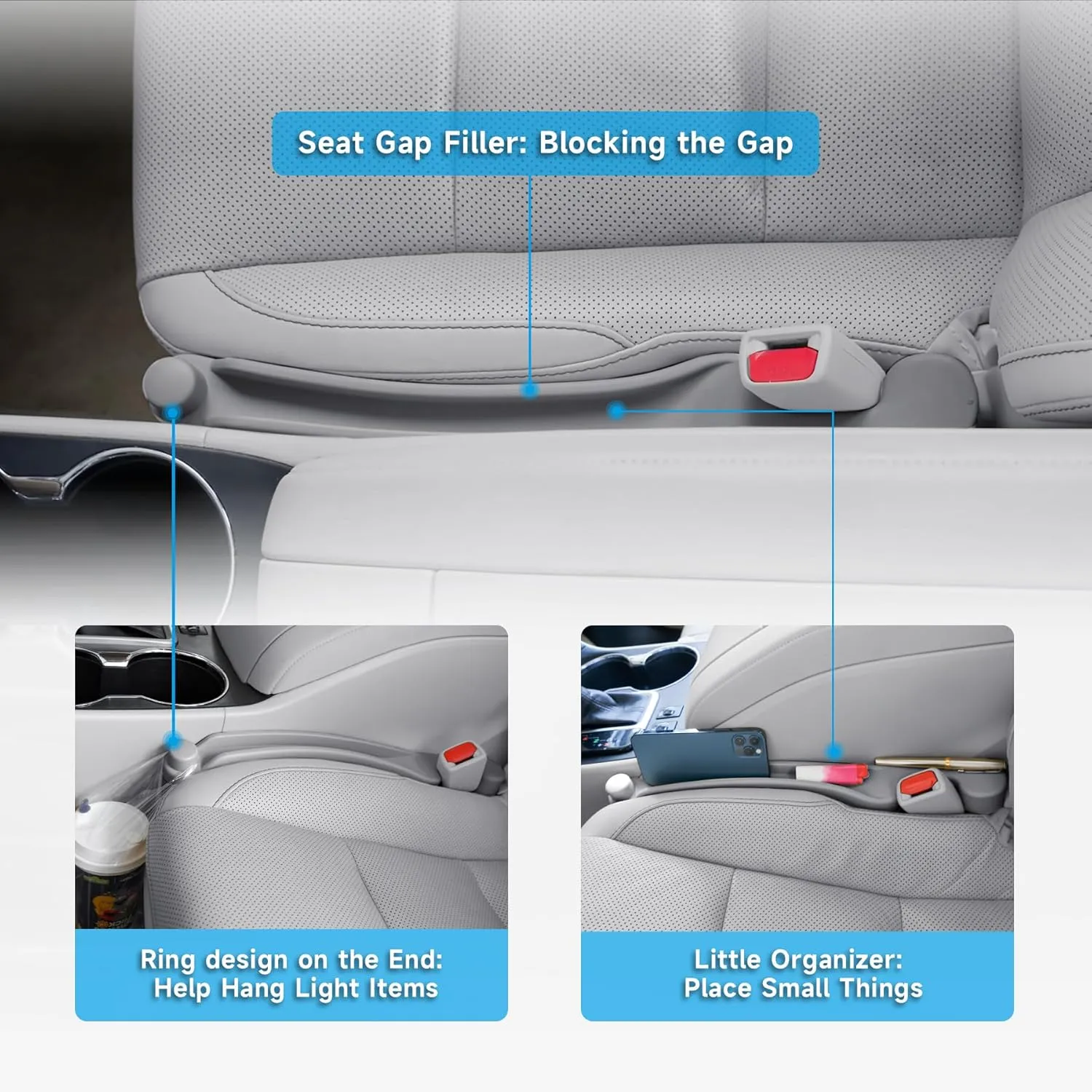 Car Seat Gap Filler Set of 2, Soft Foam Multifunctional Seat Side Gap Filler with Organizer & Hook Function, 3in1 Gap Stopper Universal Fit Car SUV Truck Fill The Gap Between Seat & Console