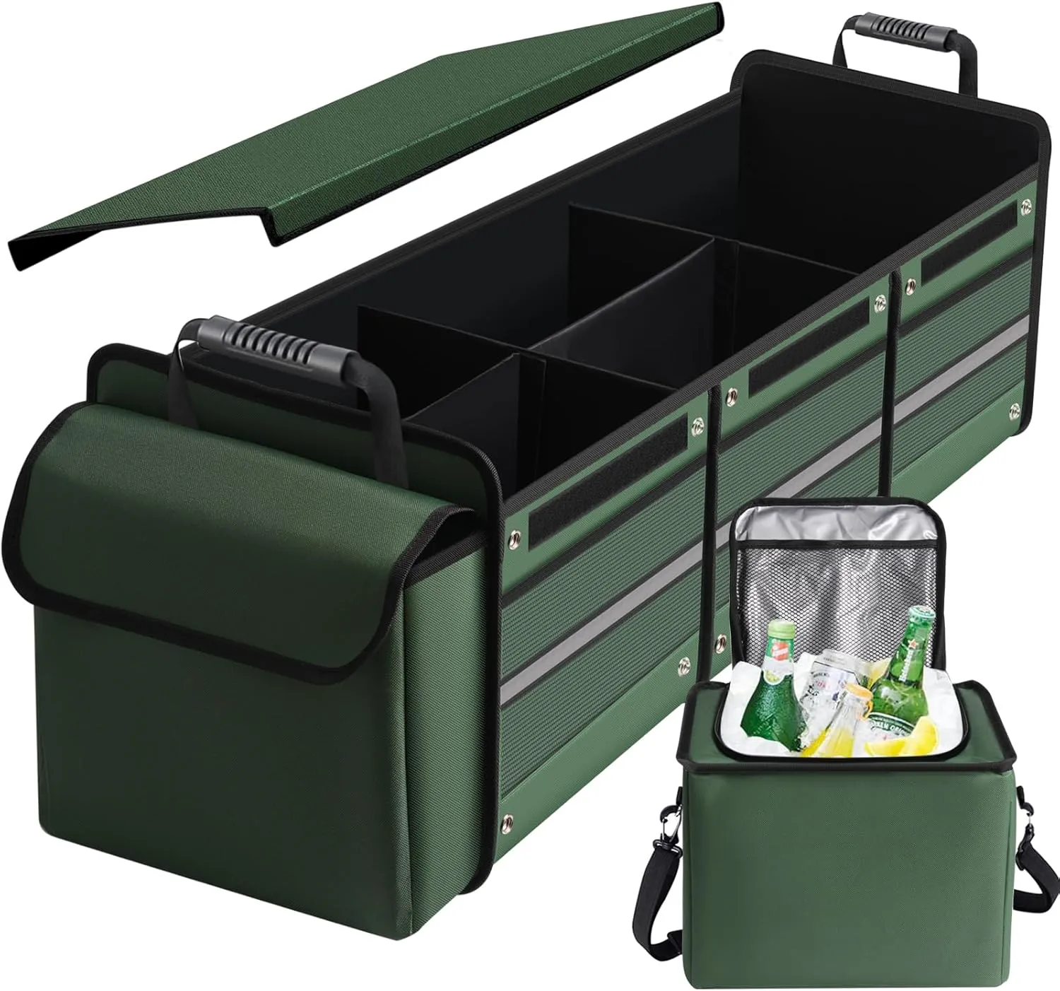 Car Trunk Organizer,115L Heavy Duty Collapsible Trunk Storage, with Insulated Leakproof Cooler Bag Vehicle Cargo Organizer with Lid, 3 Compartments, Straps For Car,Suv,Jeep,Sedan-Green