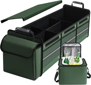 Car Trunk Organizer,115L Heavy Duty Collapsible Trunk Storage, with Insulated Leakproof Cooler Bag Vehicle Cargo Organizer with Lid, 3 Compartments, Straps For Car,Suv,Jeep,Sedan-Green