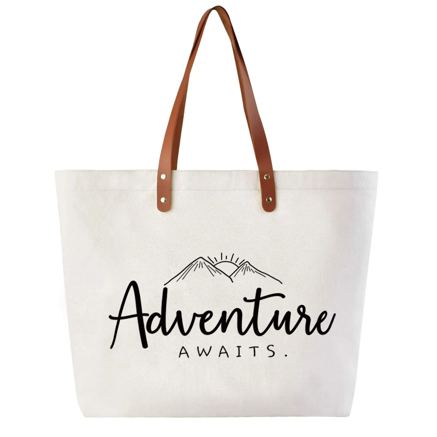 CARAKNOTS Tote Bag for Women - Adventure Awaits, Ivory, Canvas, 20.5x14.8x5.5 Inch, Spacious, Reusable, Ideal Wedding Party Gift