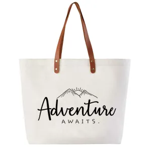 CARAKNOTS Tote Bag for Women - Adventure Awaits, Ivory, Canvas, 20.5x14.8x5.5 Inch, Spacious, Reusable, Ideal Wedding Party Gift