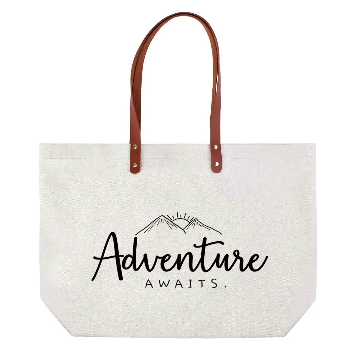 CARAKNOTS Tote Bag for Women - Adventure Awaits, Ivory, Canvas, 20.5x14.8x5.5 Inch, Spacious, Reusable, Ideal Wedding Party Gift