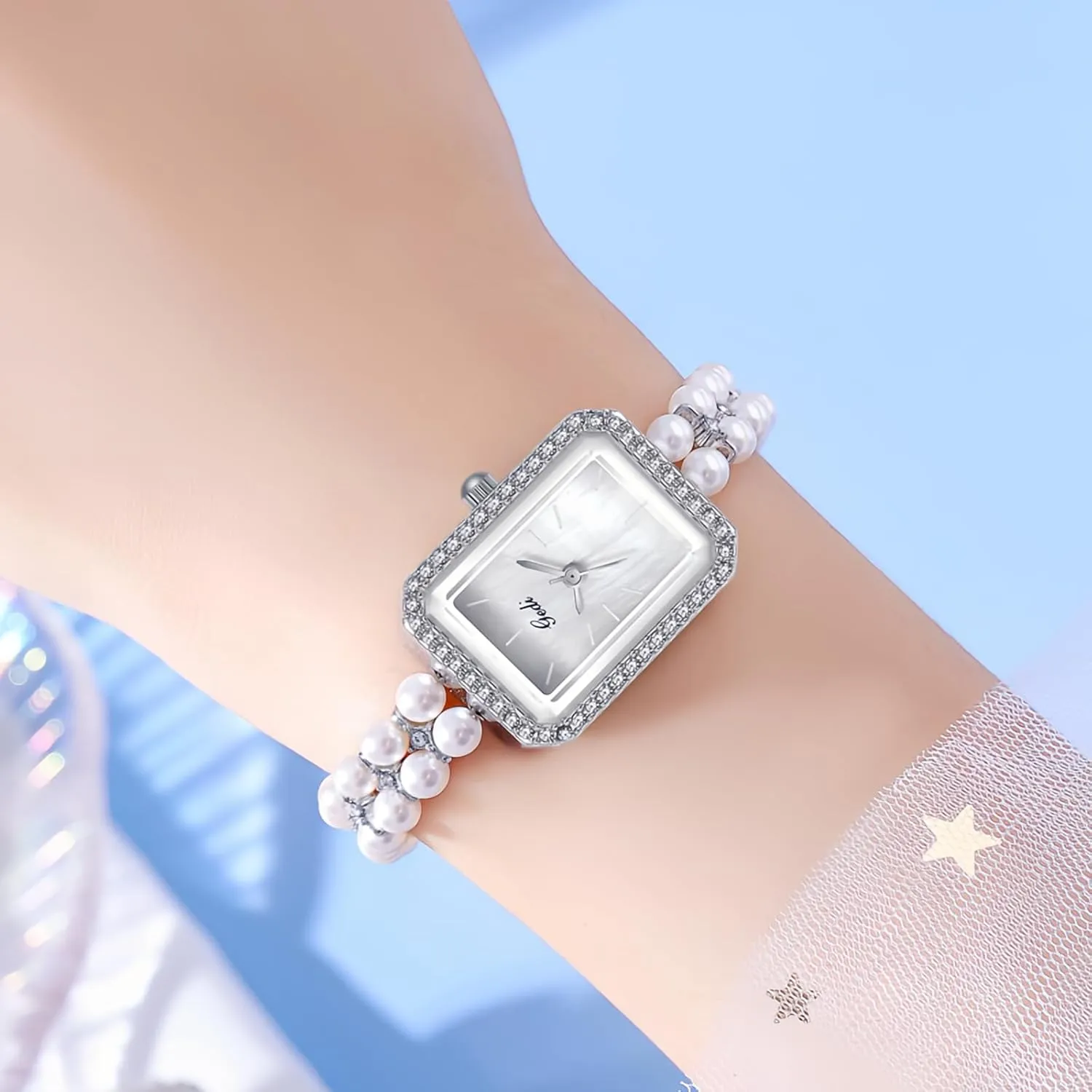 CARLIEN Luxury Pearl Bracelet Quartz Watches for Women Small Rectangular Dial with Rhinestone Bezel Fashion Analog Dress Wrist Watch