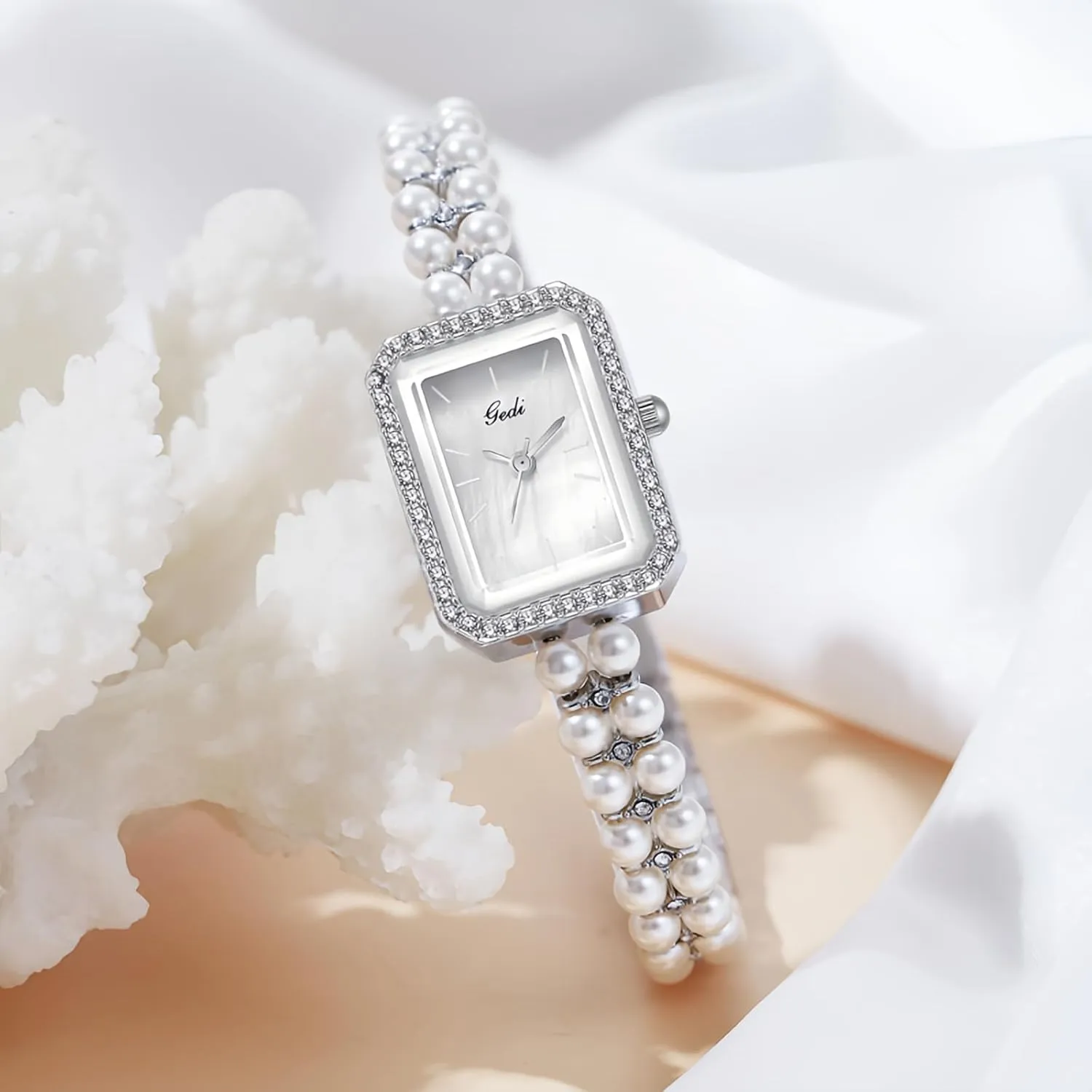 CARLIEN Luxury Pearl Bracelet Quartz Watches for Women Small Rectangular Dial with Rhinestone Bezel Fashion Analog Dress Wrist Watch