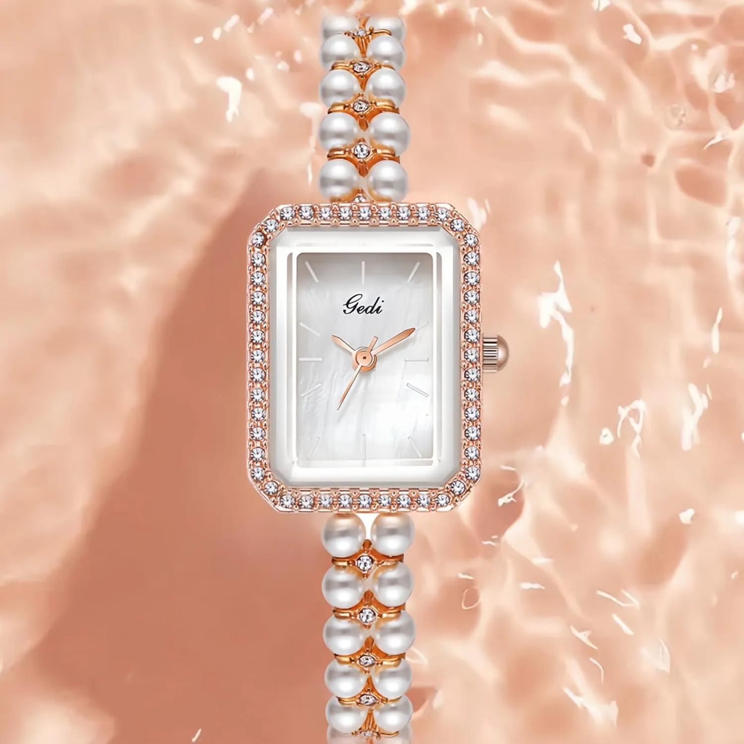 CARLIEN Luxury Pearl Bracelet Quartz Watches for Women Small Rectangular Dial with Rhinestone Bezel Fashion Analog Dress Wrist Watch