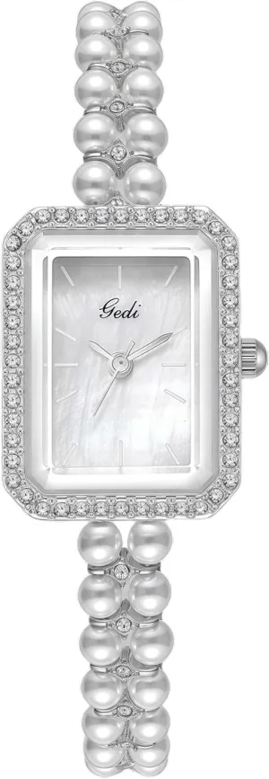 CARLIEN Luxury Pearl Bracelet Quartz Watches for Women Small Rectangular Dial with Rhinestone Bezel Fashion Analog Dress Wrist Watch