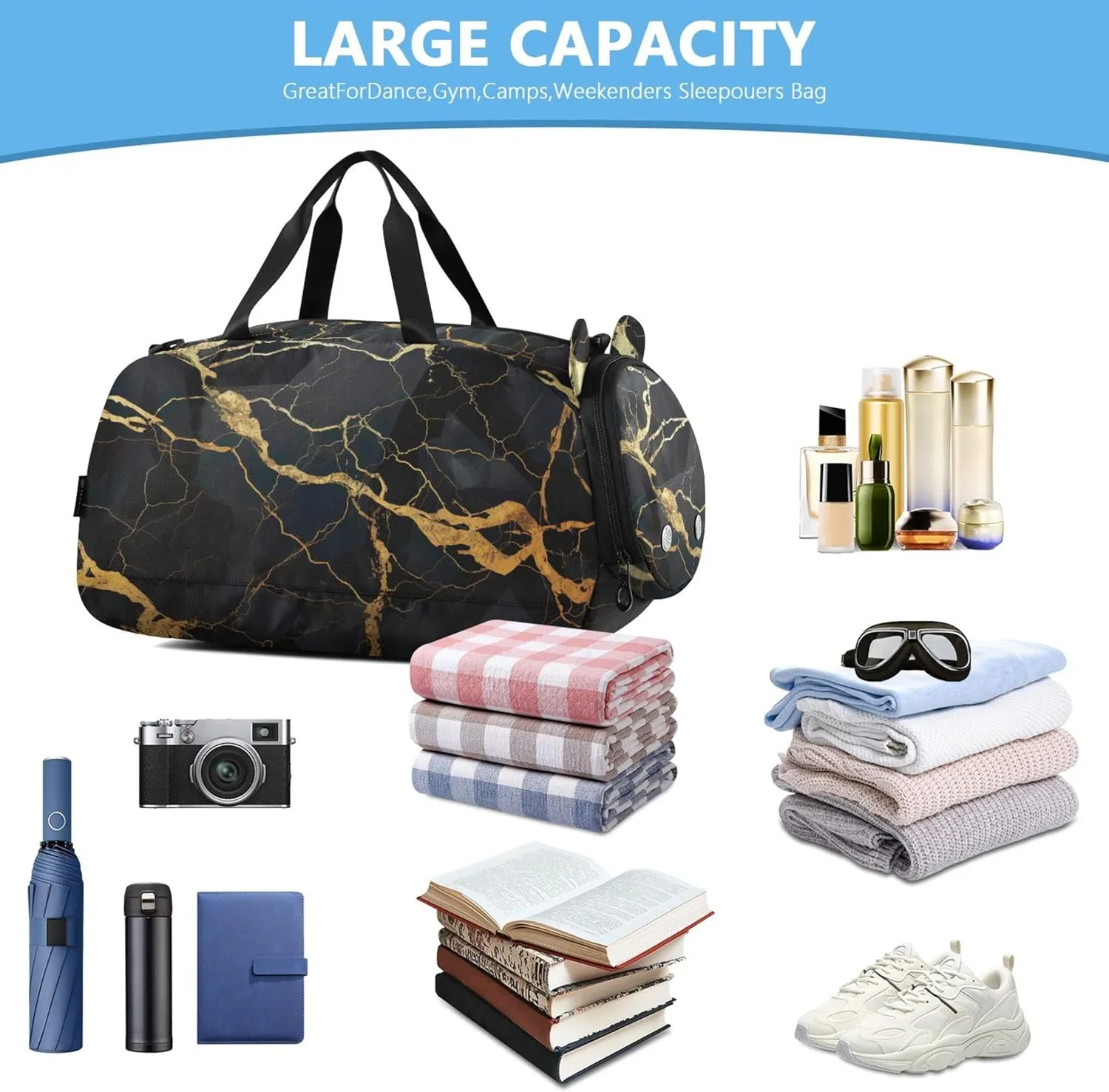Carry on Duffel Bag Boy Black and Gold Marble Weekender Overnight Girls Duffle Bags for Travel Kids Dance Duffle